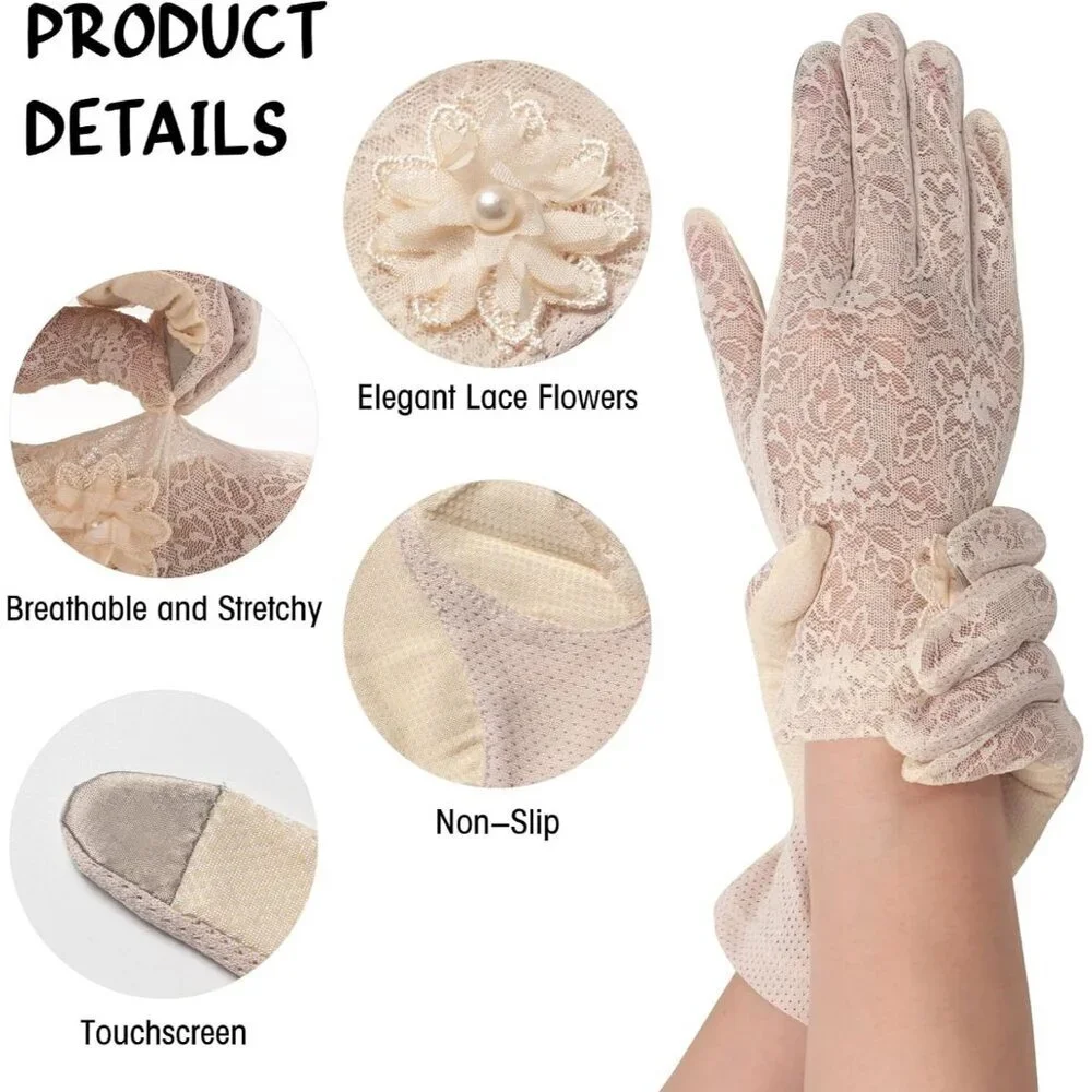 Women's Floral Beige Short Lace Gloves Wedding Halloween Cosplay Party Prom